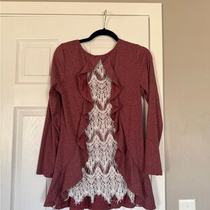 Bohemian Boho Lace Open Back Ruffle Mauve Pink Sweater Top Cotton Blend